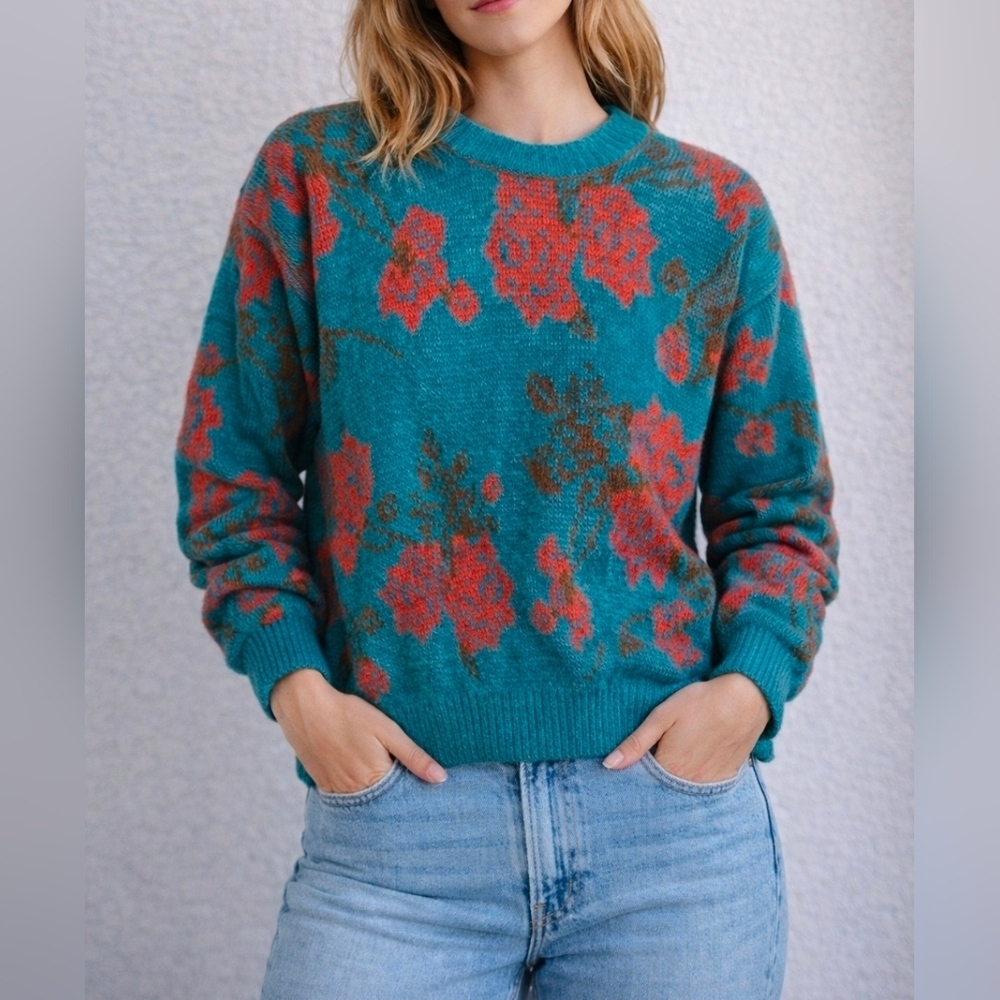 Vintage Cabin Creek Floral Knit Sweater | Teal & Red | USA Made | Size L